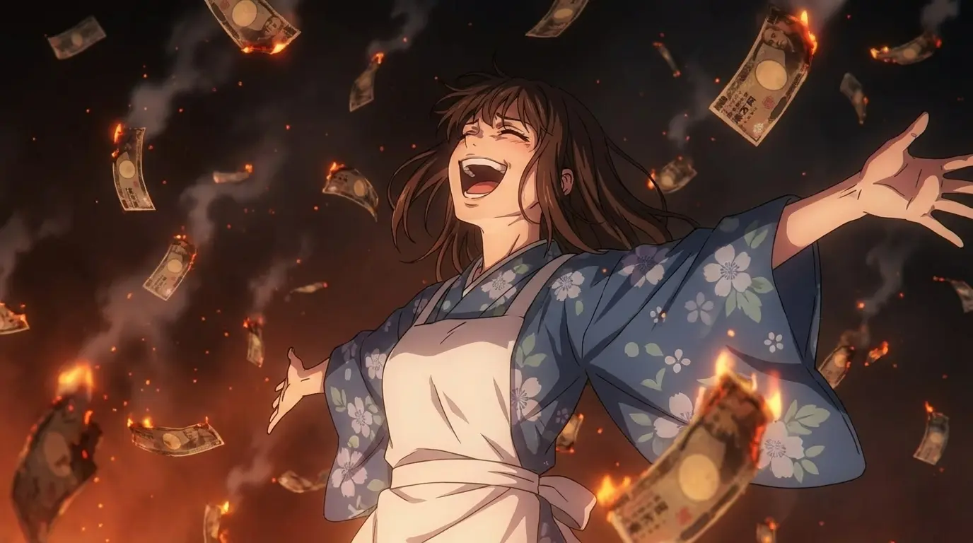 An anime-style illustration of a woman with long brown hair laughing with her arms spread wide and head tilted back. She wears a blue kimono with a white floral pattern and a white apron. Surrounding her are numerous Japanese 10,000-yen banknotes falling through the air, many of which are on fire with visible flames and smoke against a dark, ember-filled background.