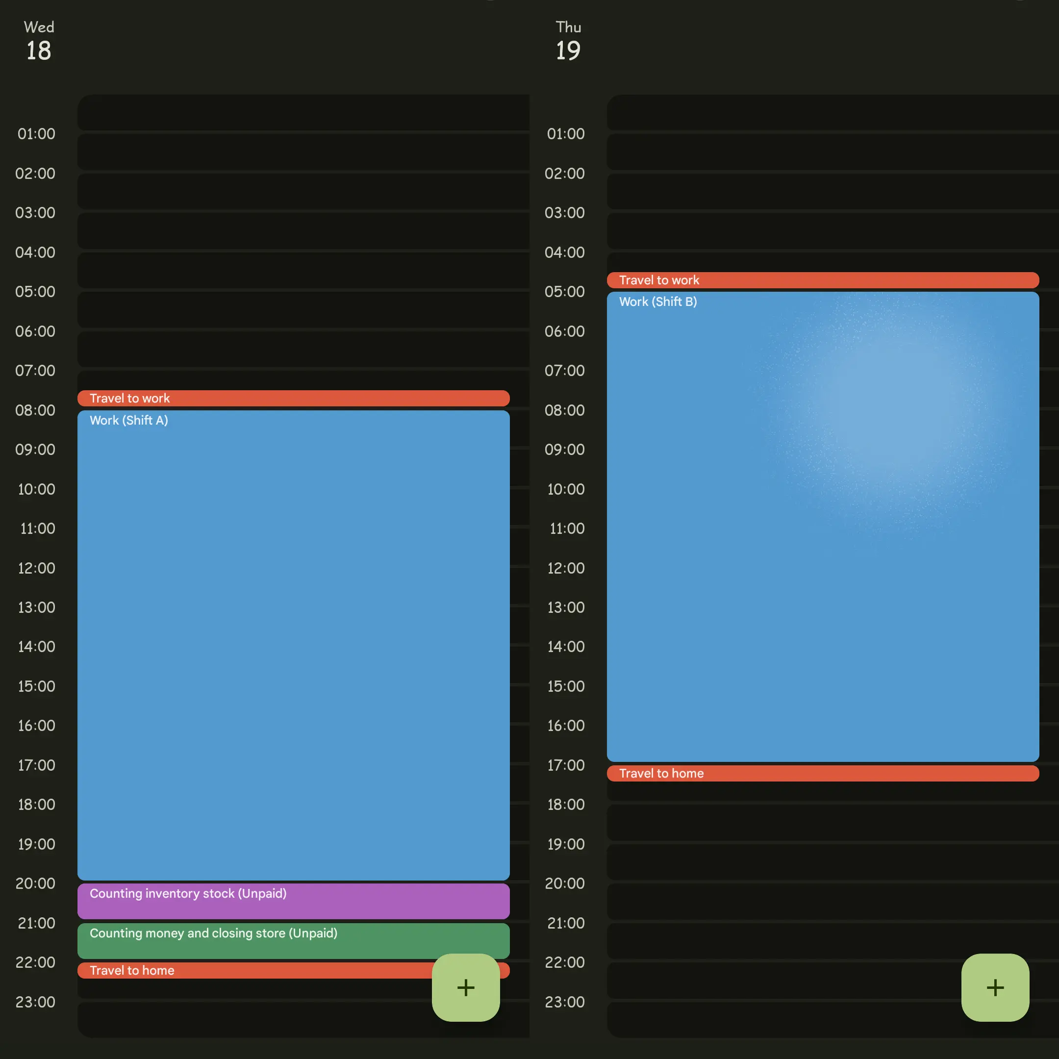 work schedule — 12-hour shifts, 2 unpaid work in one of the shift, six days a week